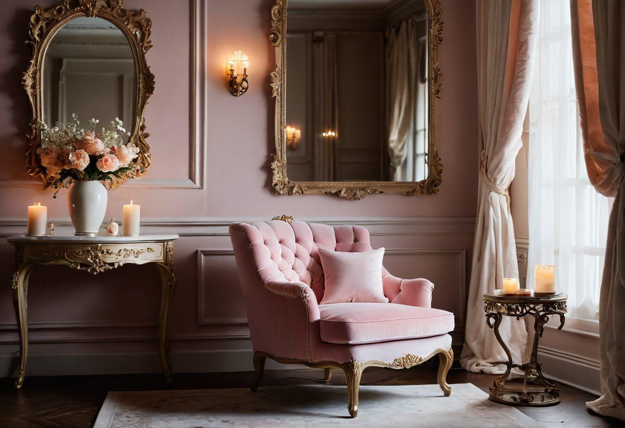 A visually stunning blend of intimate apparel scattered elegantly around a softly lit room, with hints of passionate connections represented by intertwined silhouettes and soft whispers of pastel colors. A plush velvet chair in the corner invites introspection and exploration, while an ornate mirror reflects sensuality and empowerment. Incorporate delicate lace patterns and warm candlelight to enhance the atmosphere. super-realistic. vibrant colors. soft lighting.