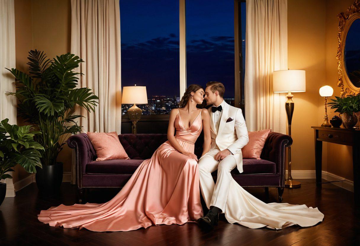 An alluring scene featuring an elegantly dressed couple in a romantic setting, surrounded by soft, ambient lighting that enhances sensuality. Include fashion elements like flowing dresses and tailored suits, complemented by tasteful sexual wellness items subtly placed in the background. Incorporate lush indoor plants and delicate fabrics to evoke intimacy, highlighting connection and romance. The atmosphere should radiate warmth and desire. super-realistic. vibrant colors. soft focus.