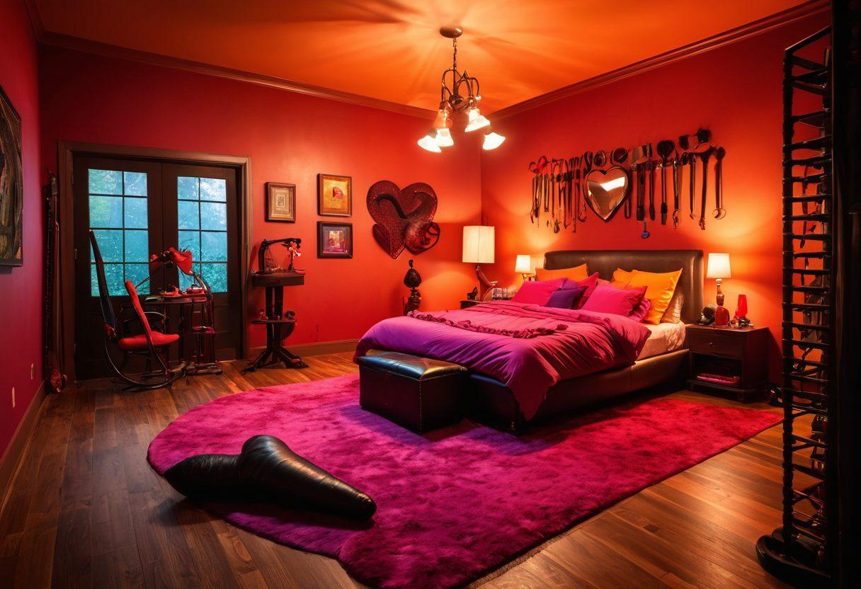 A vibrant, inviting room filled with diverse sexual expression elements, such as a colorful array of BDSM tools, various intimate toys, and an oversized heart-shaped pillow. The setting should be warm and intimate, featuring soft lighting and lush textiles that promote connection and comfort. Include silhouettes of diverse couples engaging in playful interactions in the background. super-realistic. bold colors. warm tones.